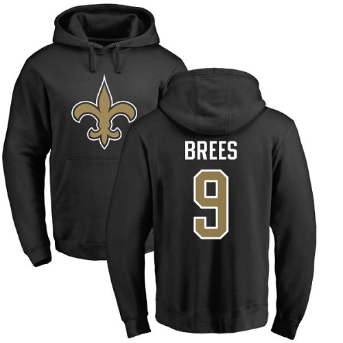 Men New Orleans Saints Black Drew Brees Name and Number Logo NFL Football 9 Pullover Hoodie Sweatshirts